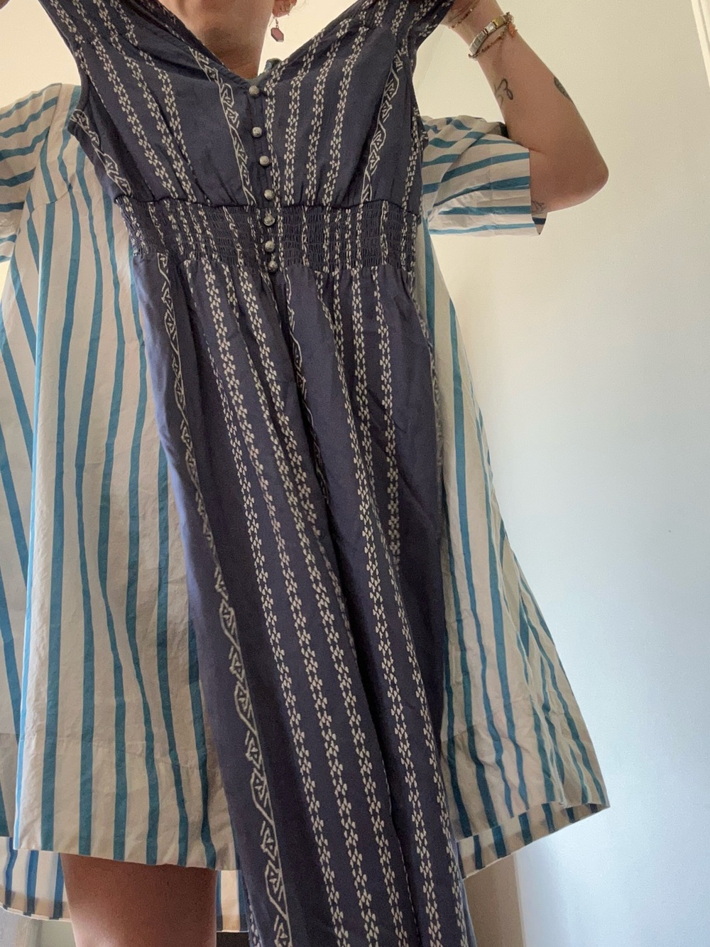 Navy Boho Button-Front Maxi Dress with White Stripe Detail